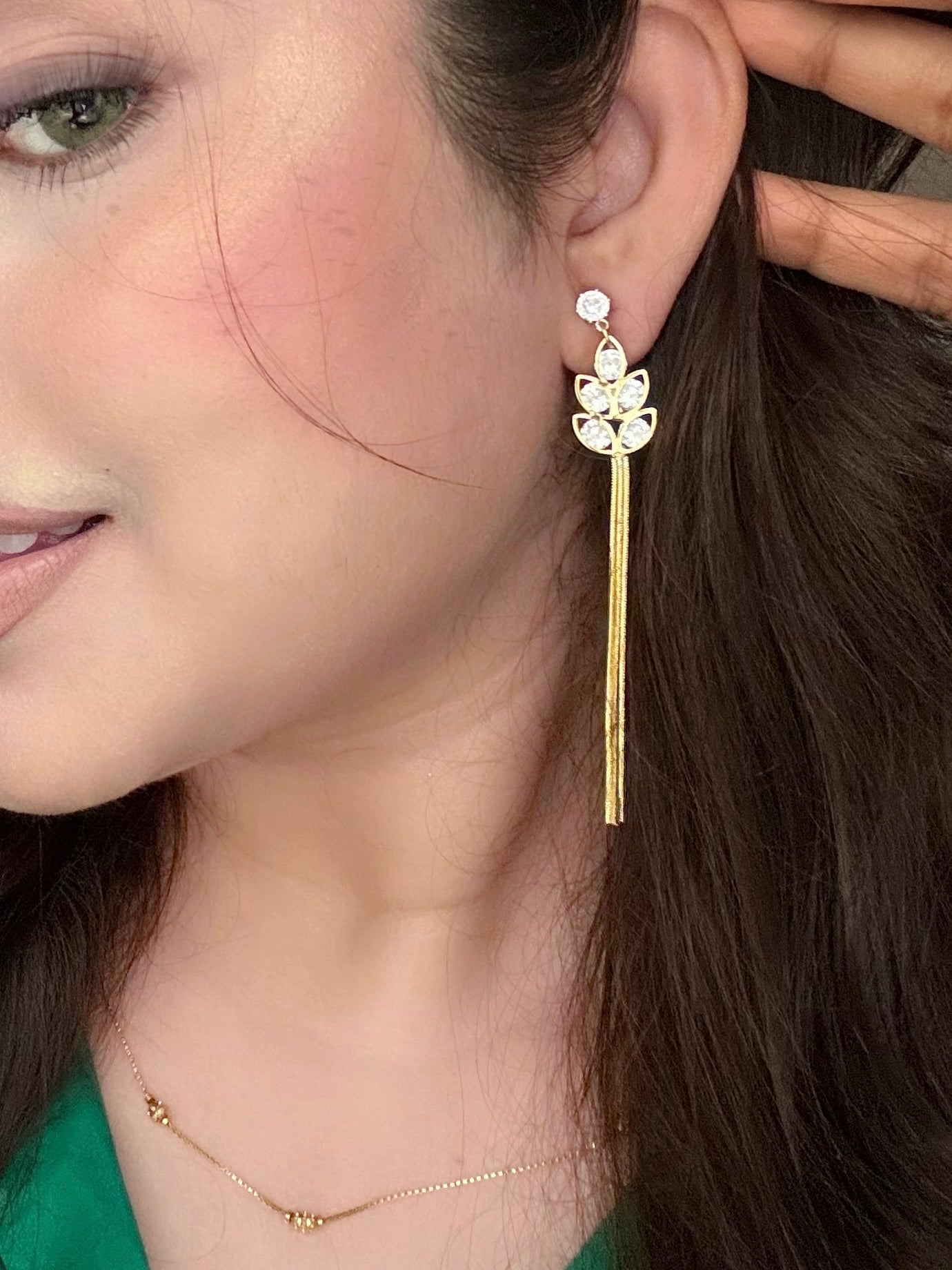 Luxe Crystal Leaf Tassel Earrings - Gold-Tone Finish