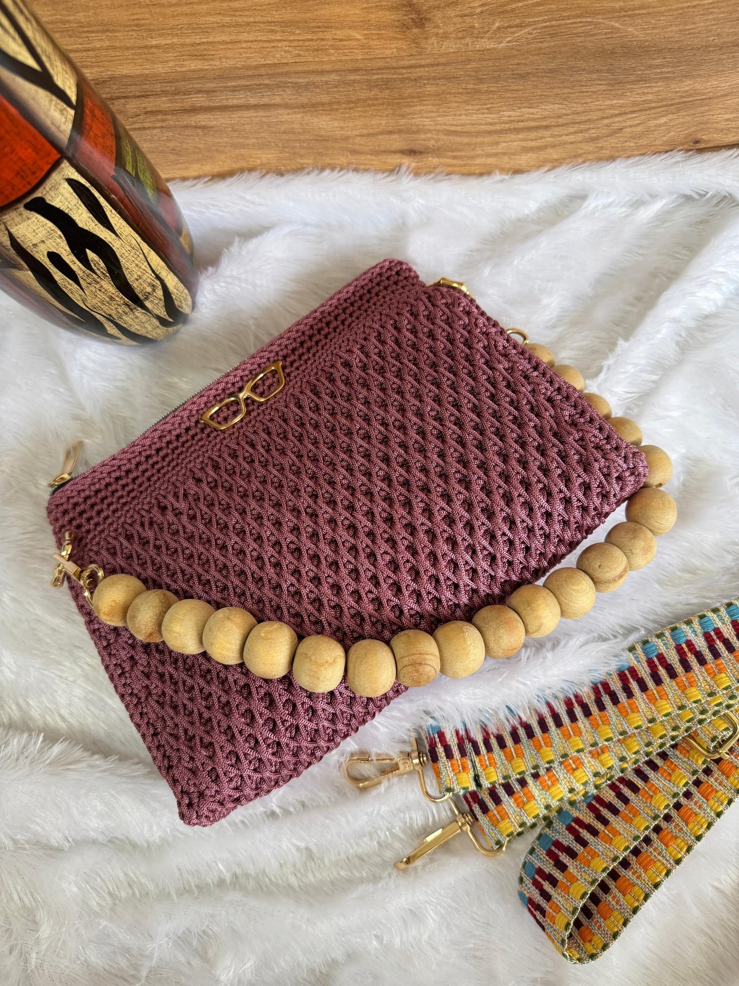 Handmade Crochet Clutch Bag with Wooden Bead Handle – Wine Red