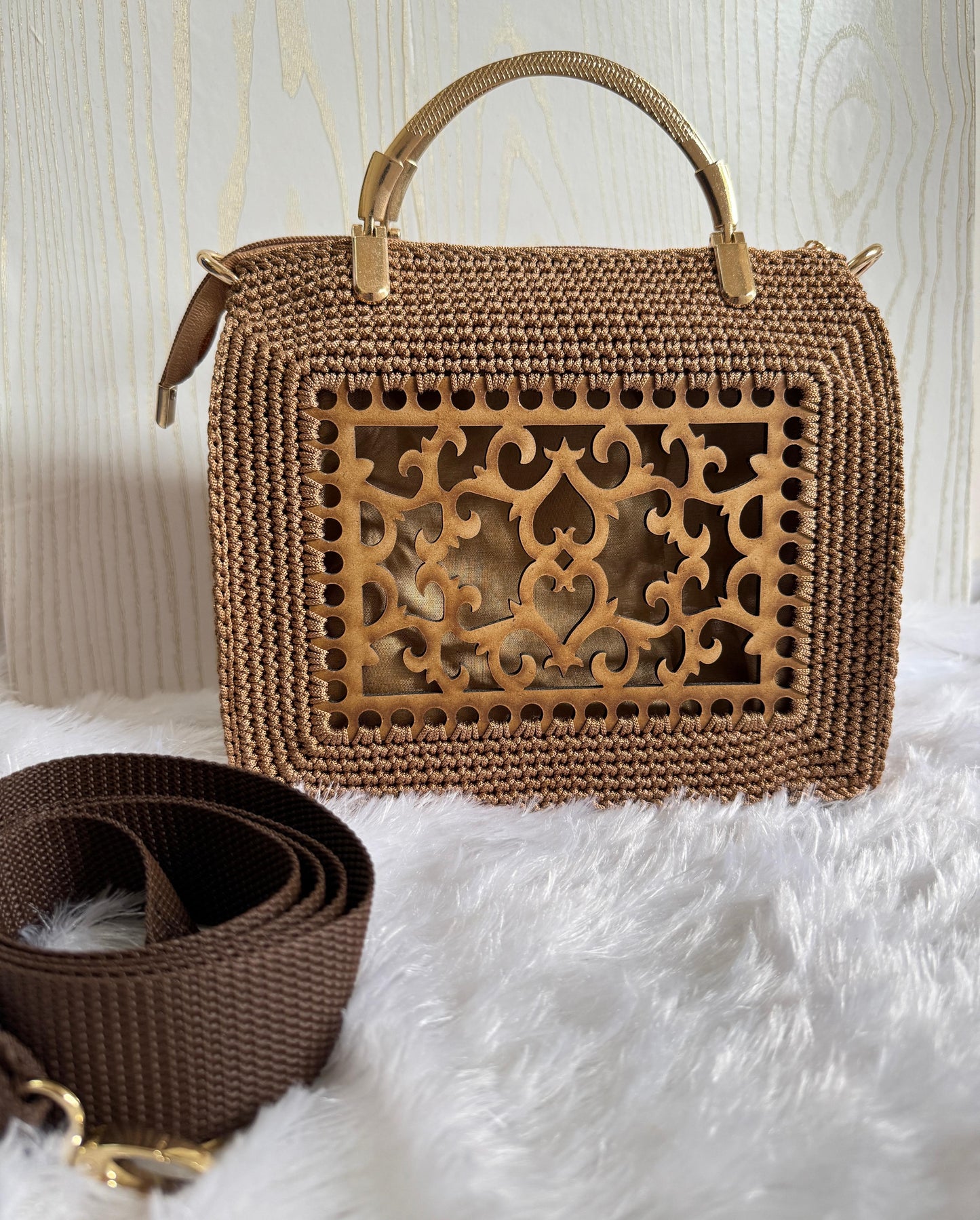 Designer Crochet Handbag with Laser-Cut Panel & Gold Handle