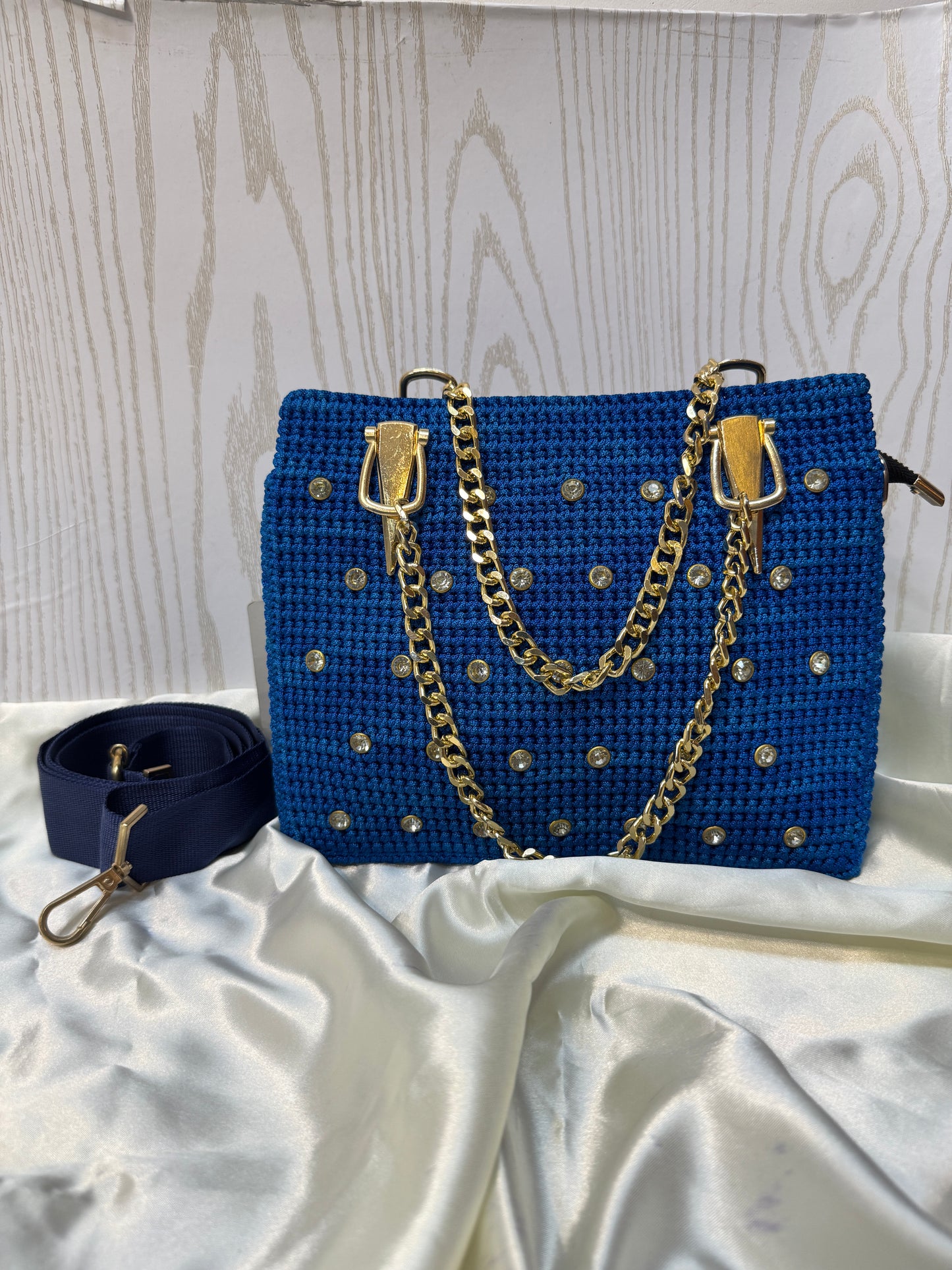 Embellished Crochet Party Bag with Gold Chain – Royal Blue