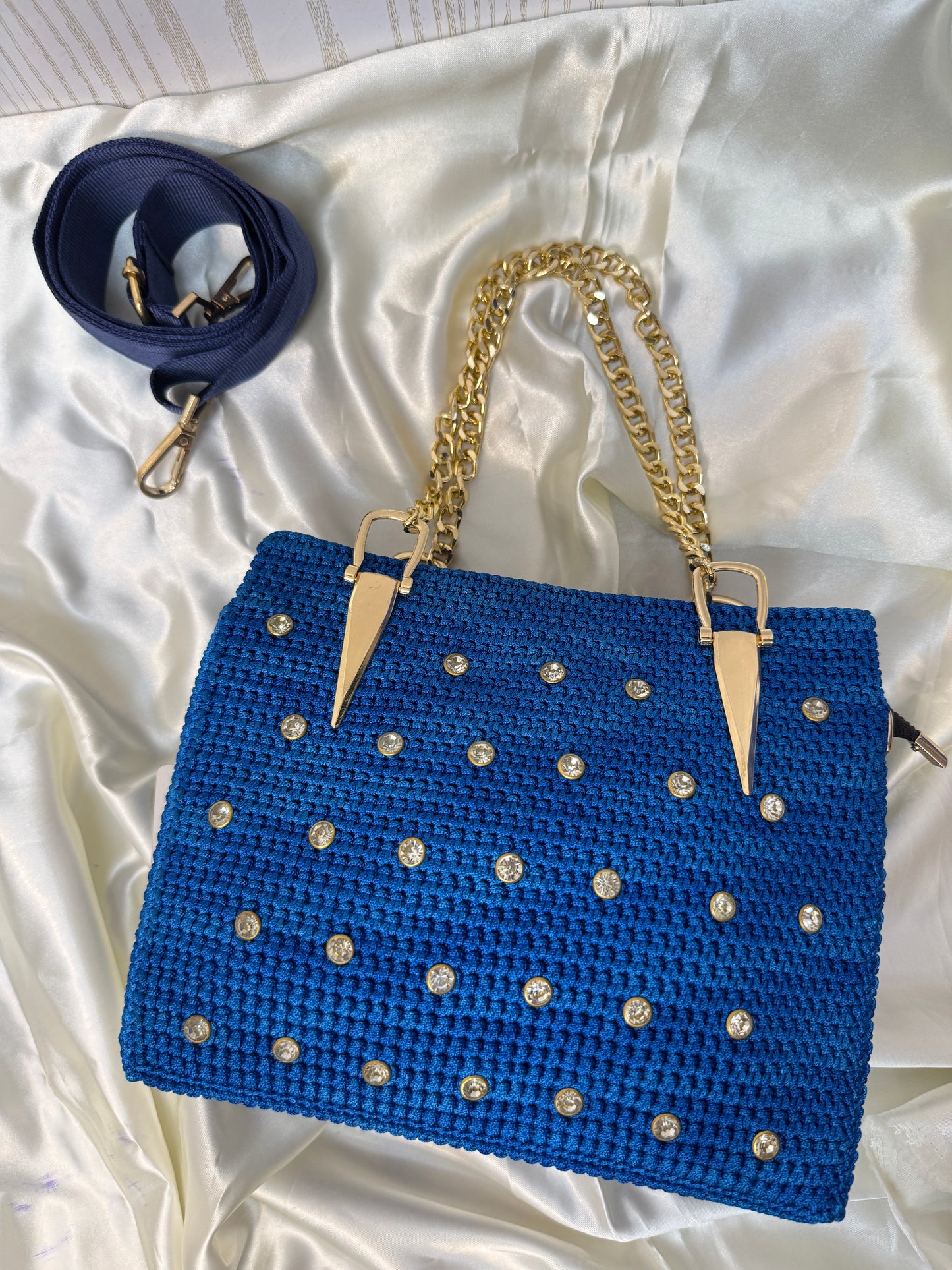 Embellished Crochet Party Bag with Gold Chain – Royal Blue