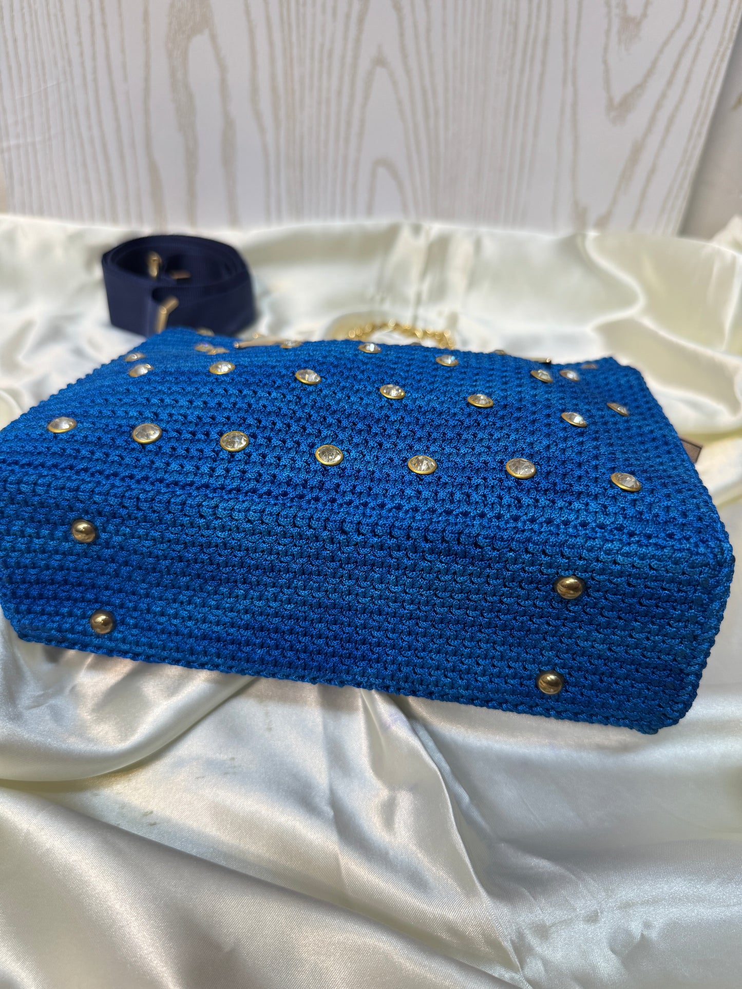 Embellished Crochet Party Bag with Gold Chain – Royal Blue