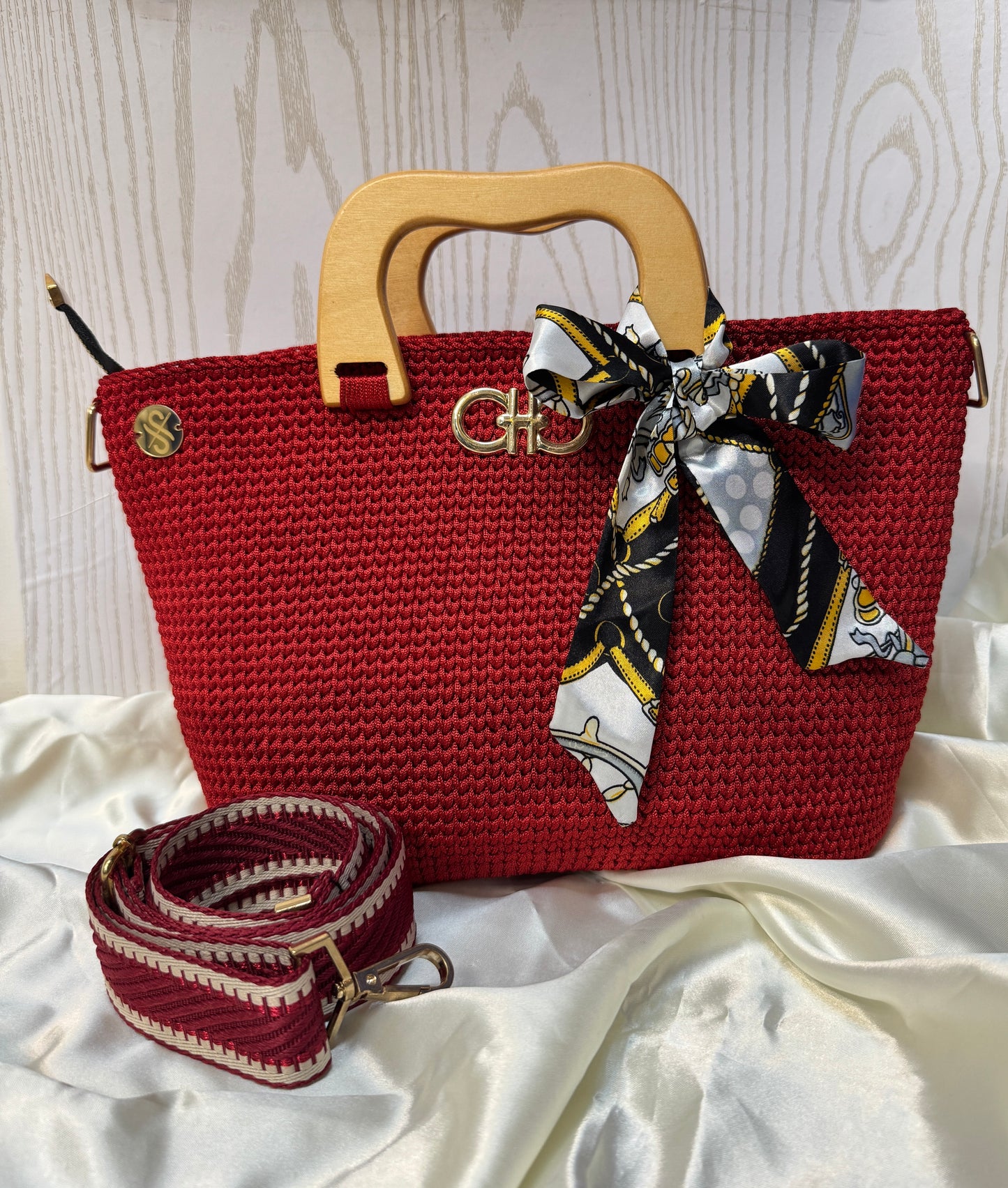 Handmade Crochet Tote Bag with Wooden Handle & Silk Bow – Ruby Red