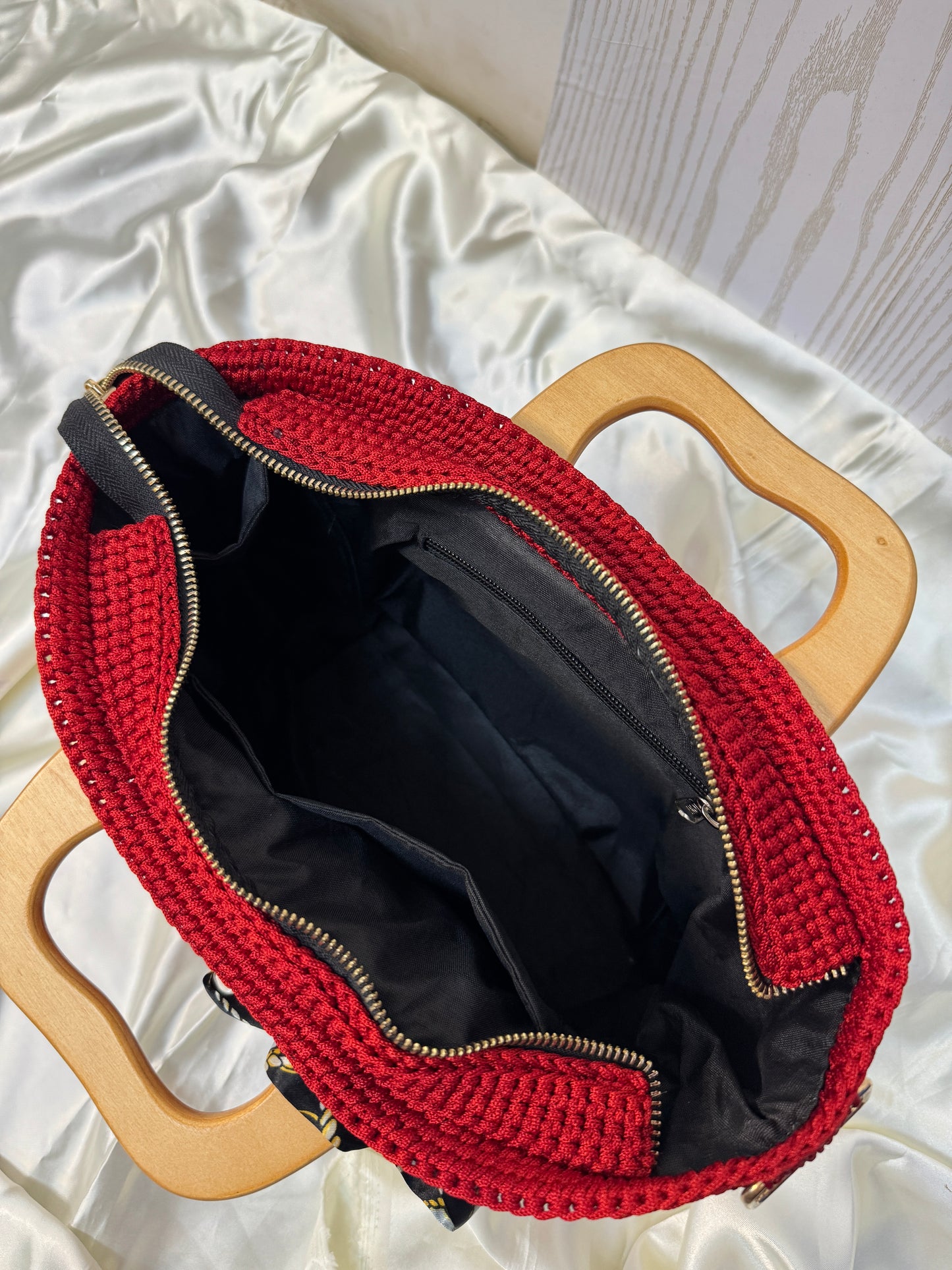 Handmade Crochet Tote Bag with Wooden Handle & Silk Bow – Ruby Red