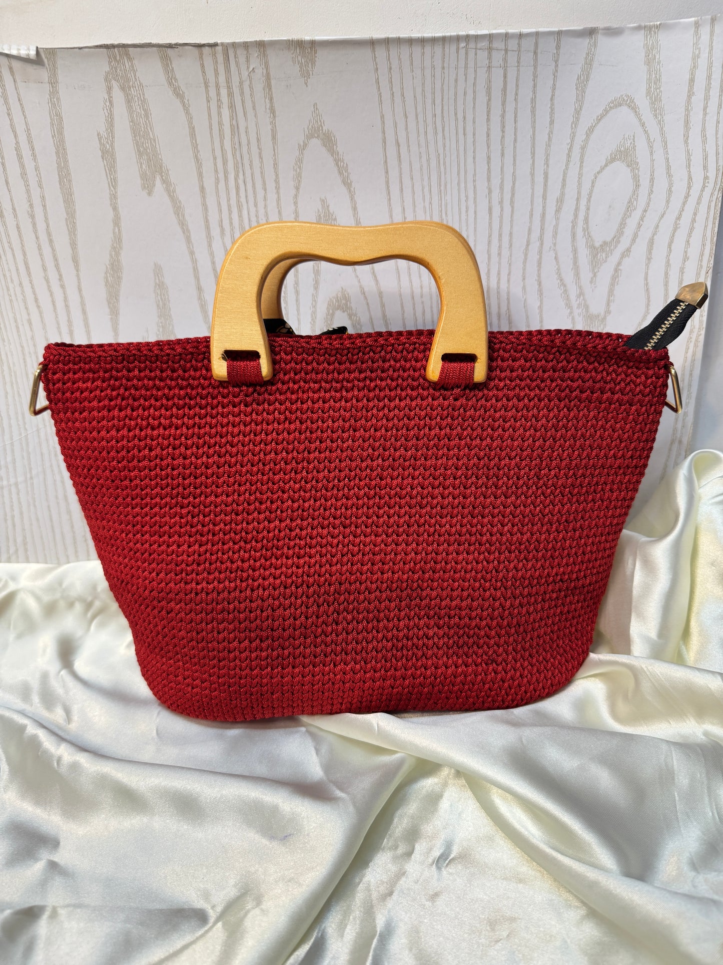 Handmade Crochet Tote Bag with Wooden Handle & Silk Bow – Ruby Red