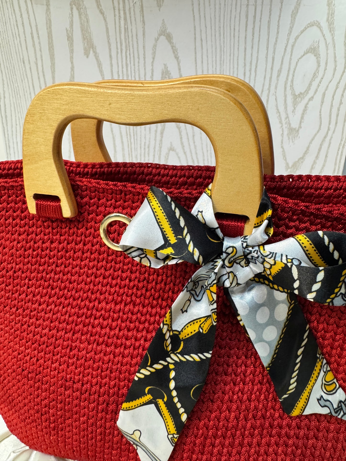 Handmade Crochet Tote Bag with Wooden Handle & Silk Bow – Ruby Red