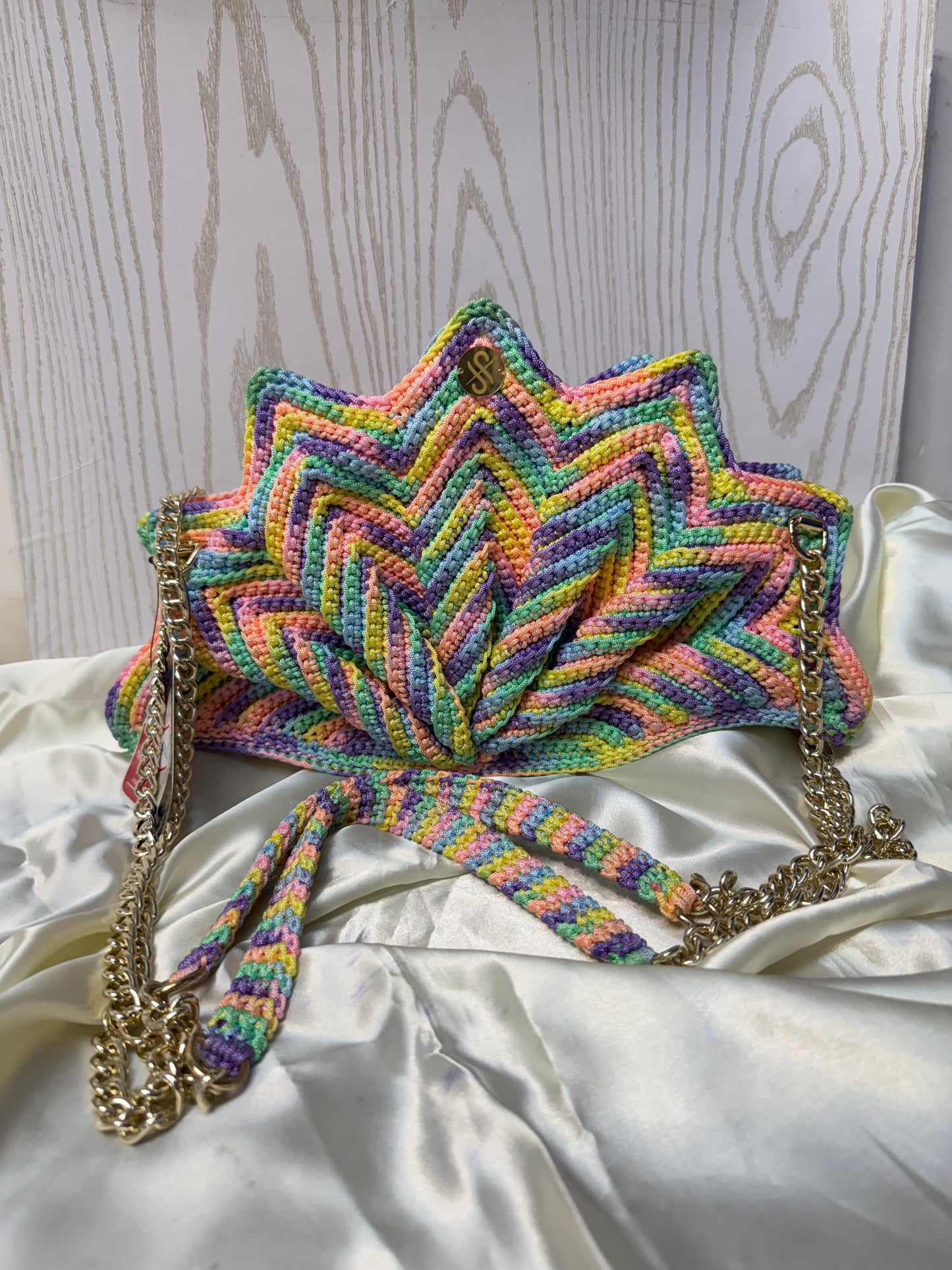 Handmade Pastel Crochet Statement Clutch – Starburst Rainbow