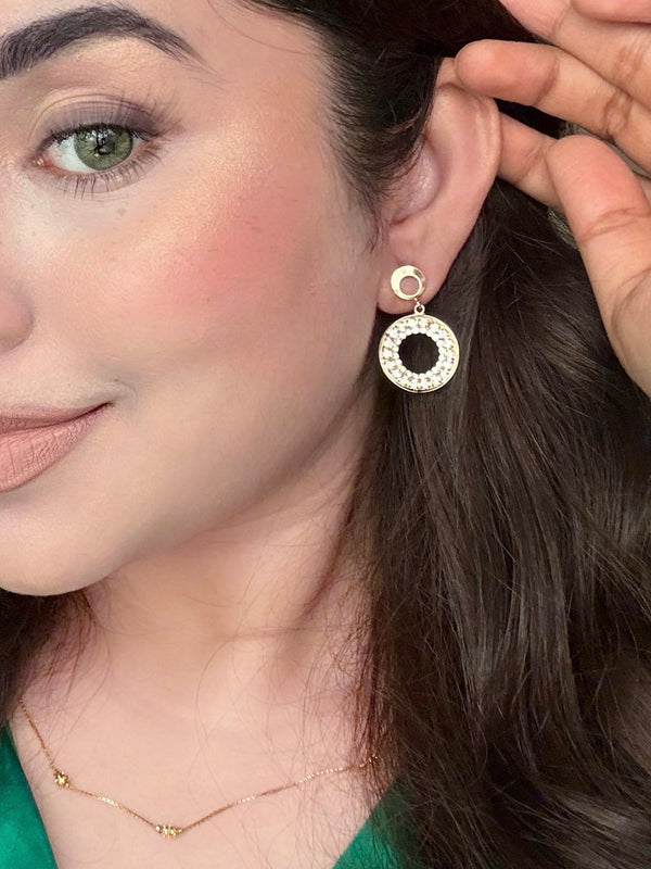 Minimal Circle Drop Earrings with Crystal Halo