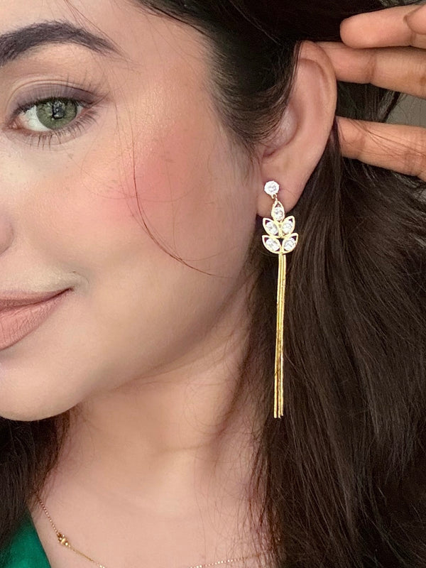 Luxe Crystal Leaf Tassel Earrings - Gold-Tone Finish