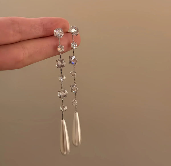 Crystal Pearl Linear Drop Earrings – Silver-Tone