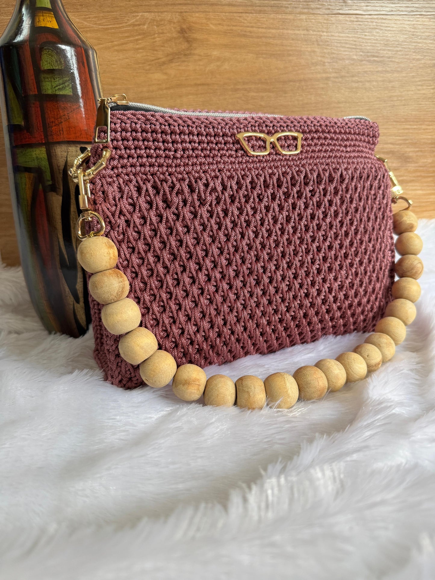 Handmade Crochet Clutch Bag with Wooden Bead Handle – Wine Red