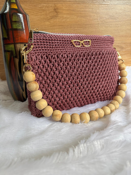 Handmade Crochet Clutch Bag with Wooden Bead Handle – Wine Red
