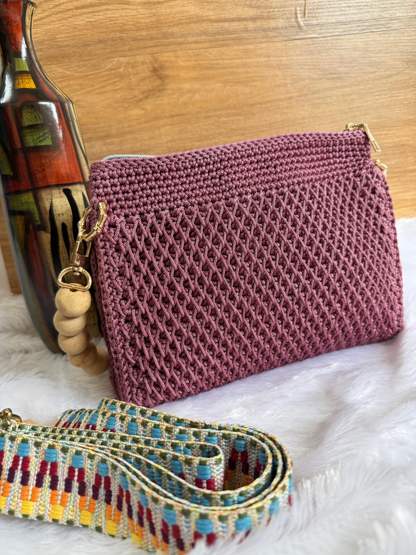 Handmade Crochet Clutch Bag with Wooden Bead Handle – Wine Red