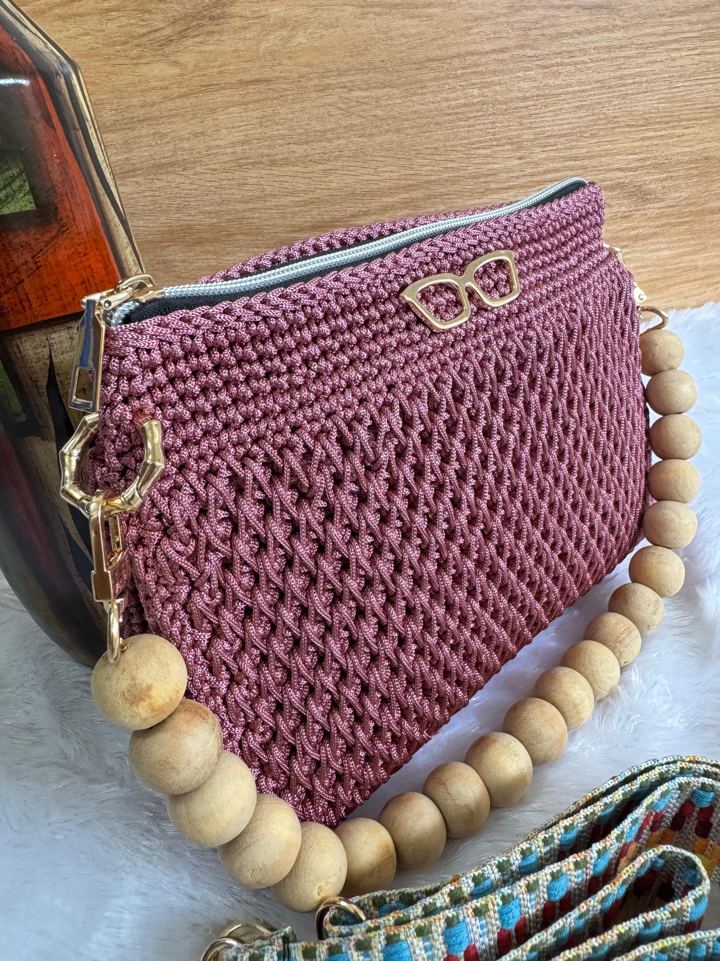 Handmade Crochet Clutch Bag with Wooden Bead Handle – Wine Red