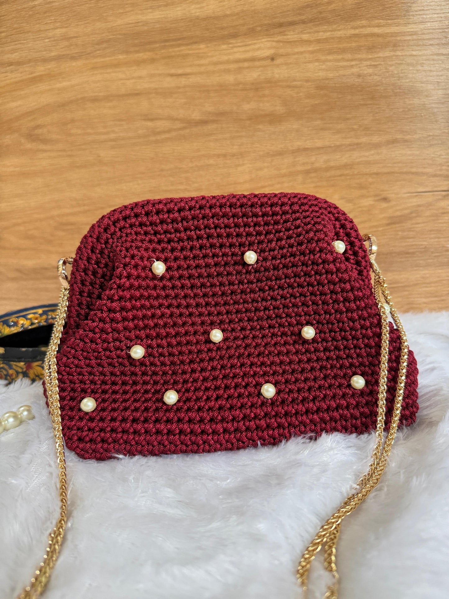 Handmade Crochet Pearl Clutch with Gold Chain Handle