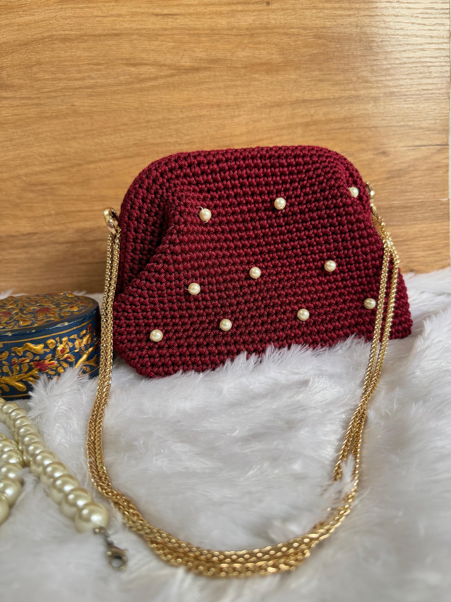 Handmade Crochet Pearl Clutch with Gold Chain Handle