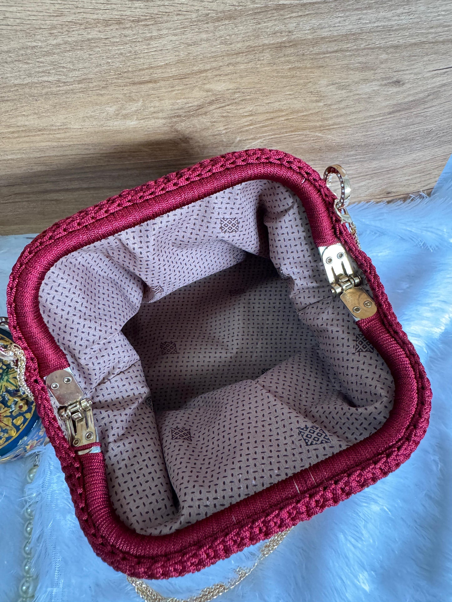 Handmade Crochet Pearl Clutch with Gold Chain Handle