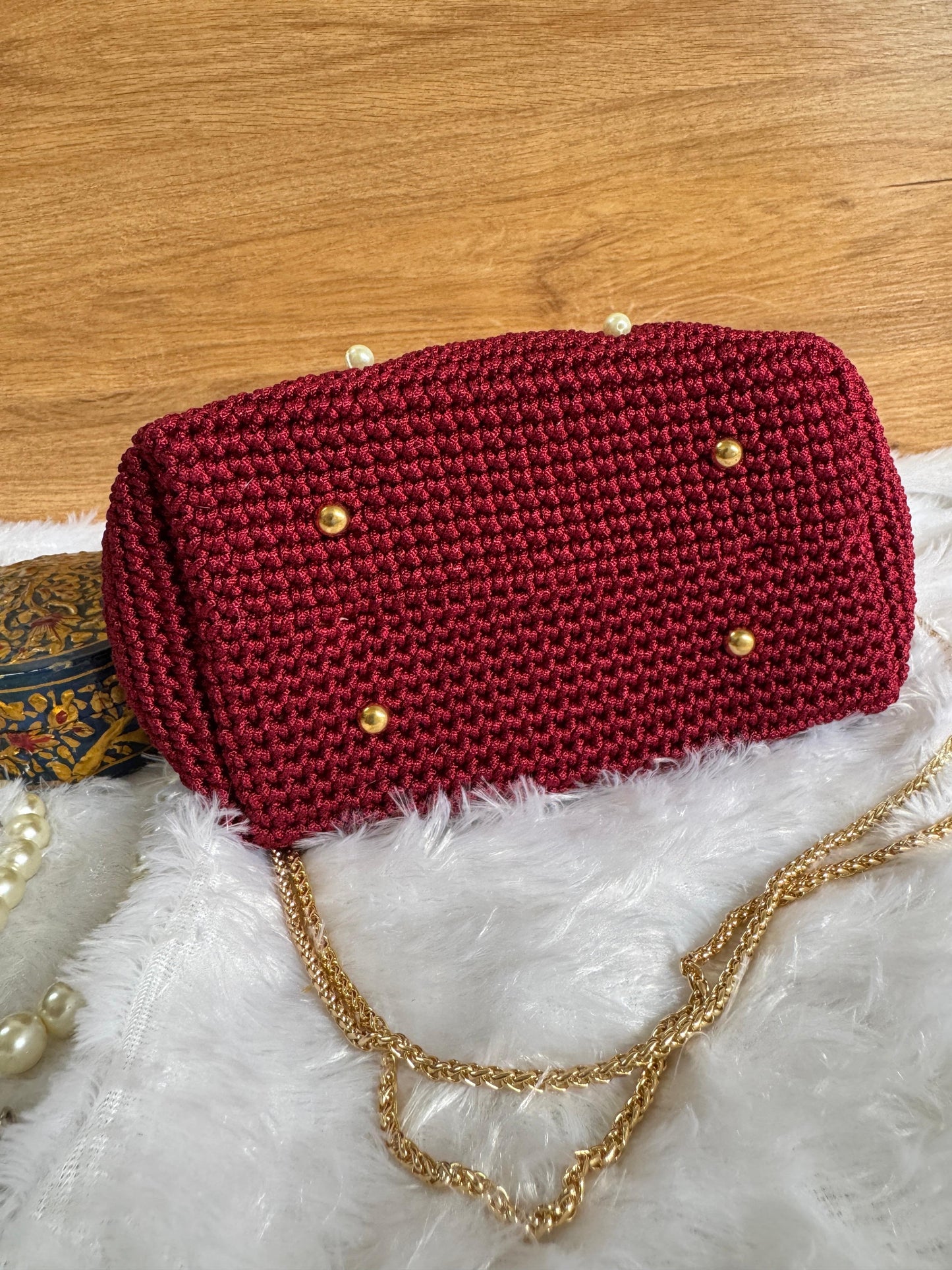 Handmade Crochet Pearl Clutch with Gold Chain Handle