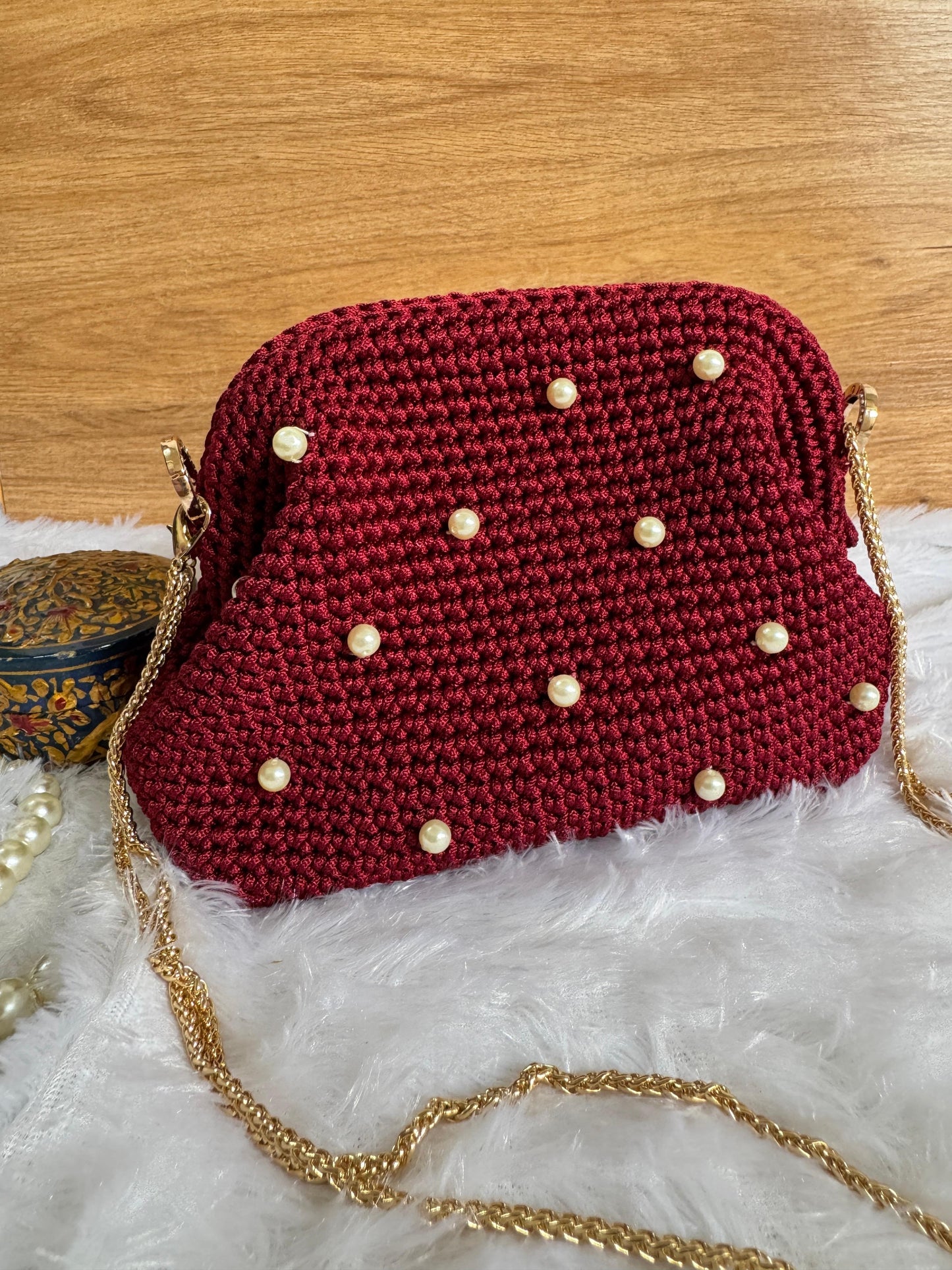 Handmade Crochet Pearl Clutch with Gold Chain Handle