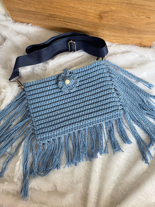 Boho Crochet Fringe Bag with Floral Detail – Sky Blue