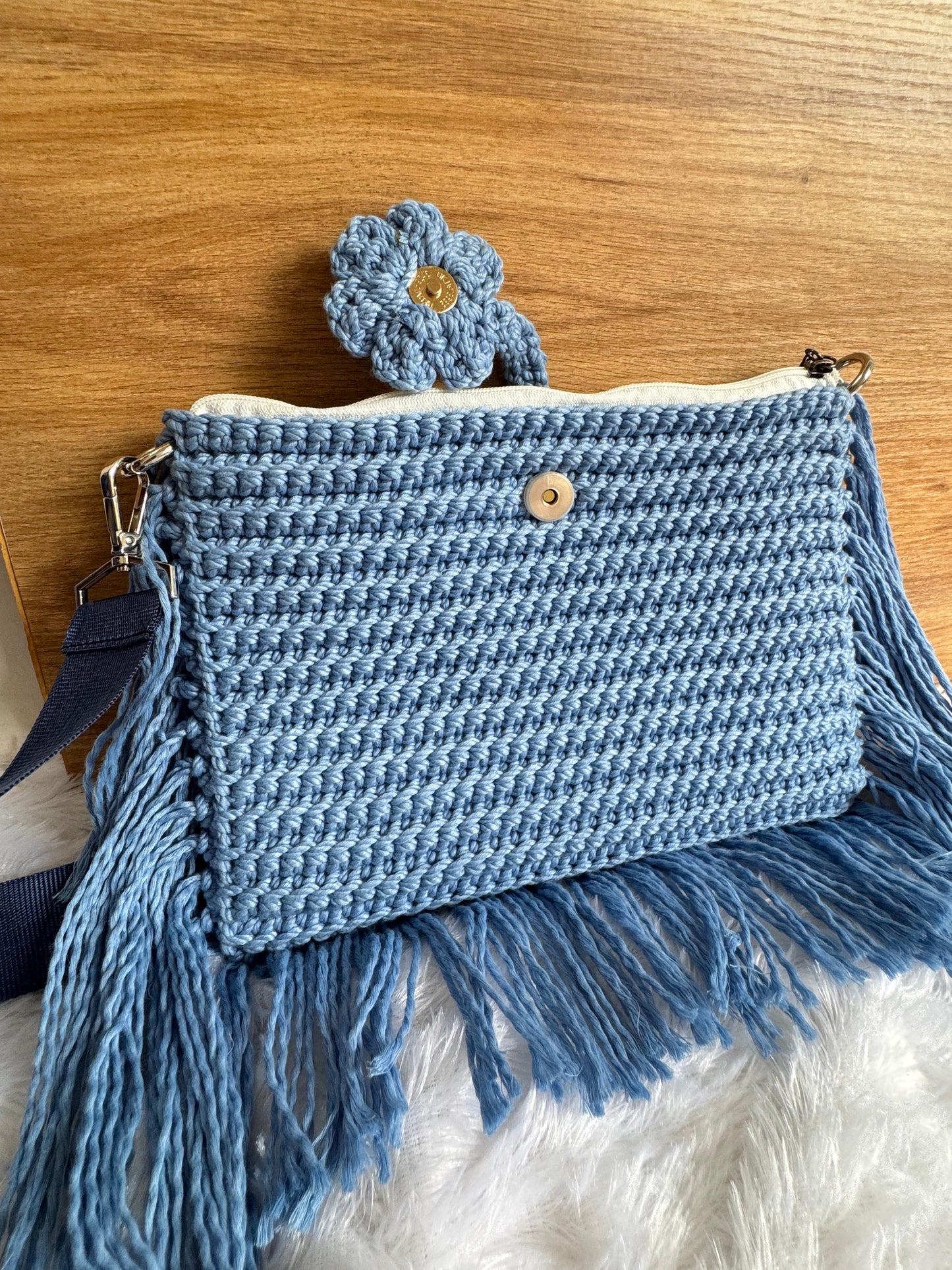 Boho Crochet Fringe Bag with Floral Detail – Sky Blue