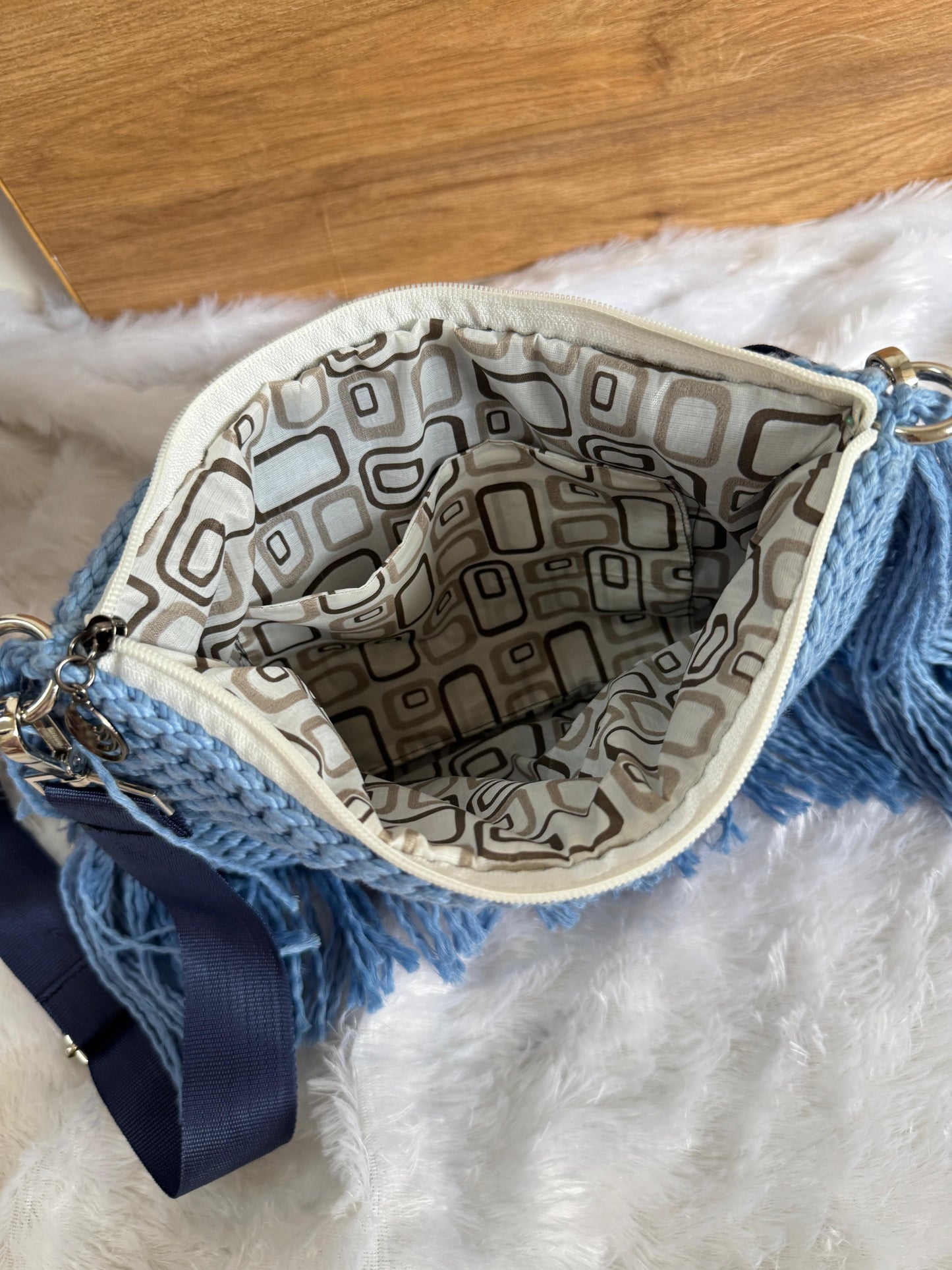 Boho Crochet Fringe Bag with Floral Detail – Sky Blue