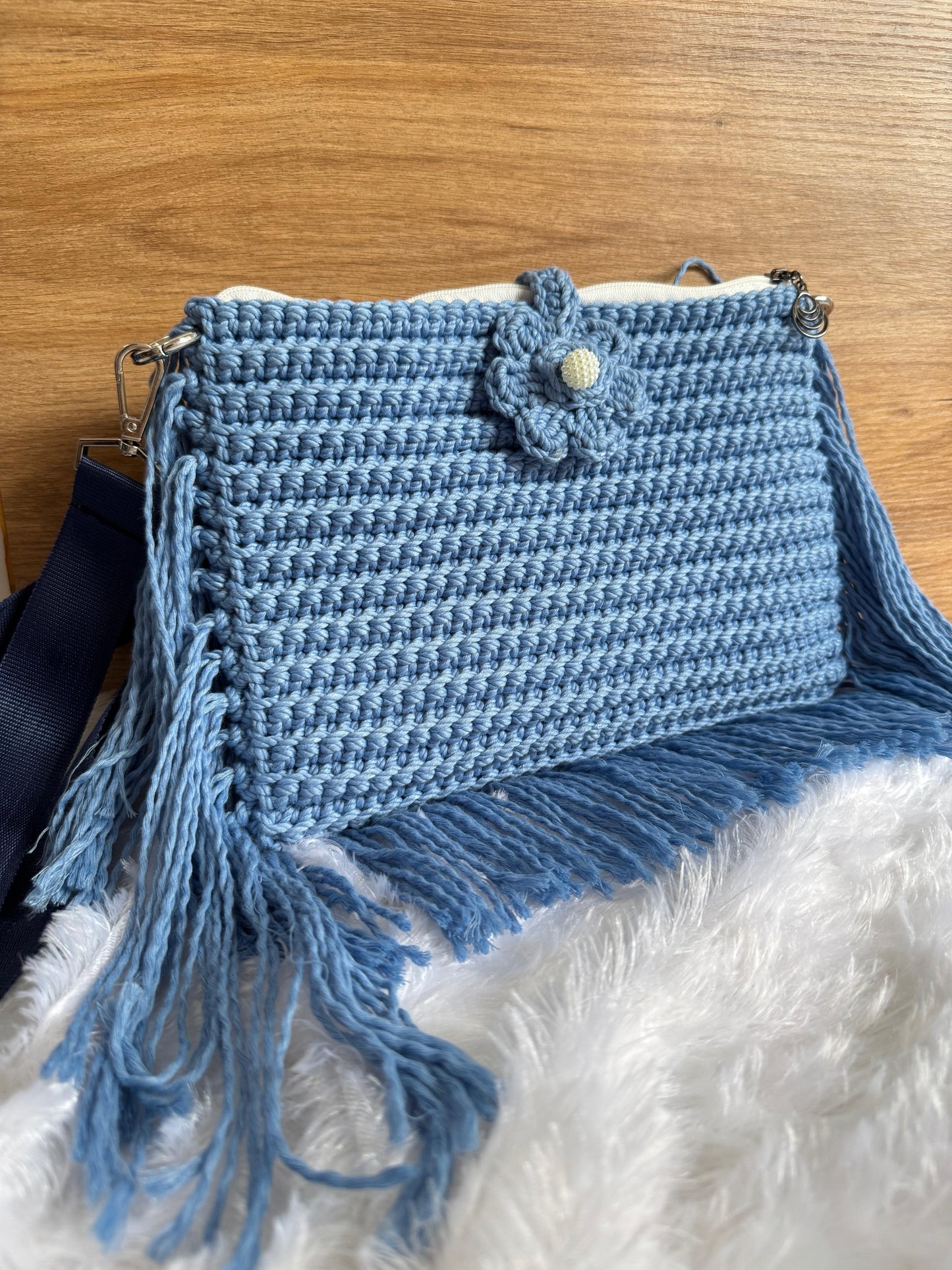 Boho Crochet Fringe Bag with Floral Detail – Sky Blue