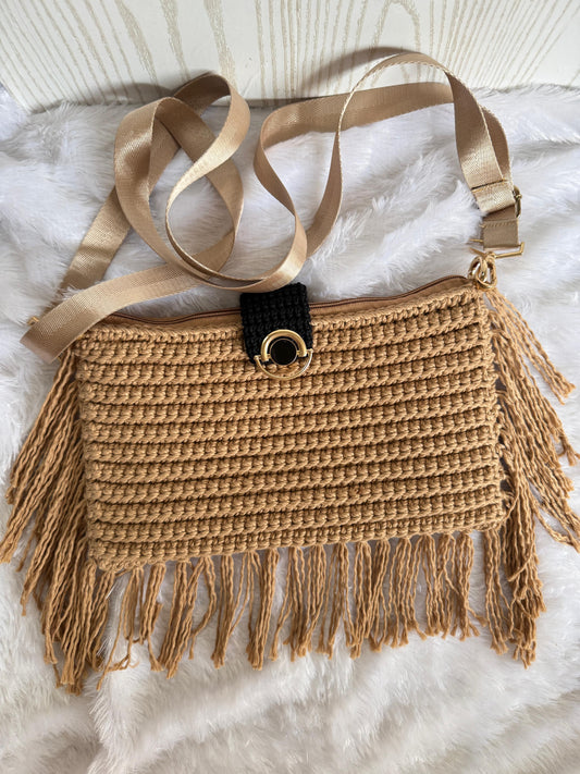 Boho Fringe Crochet Bag with Ring Detail – Camel Beige