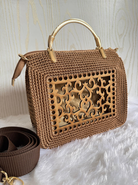 Designer Crochet Handbag with Laser-Cut Panel & Gold Handle