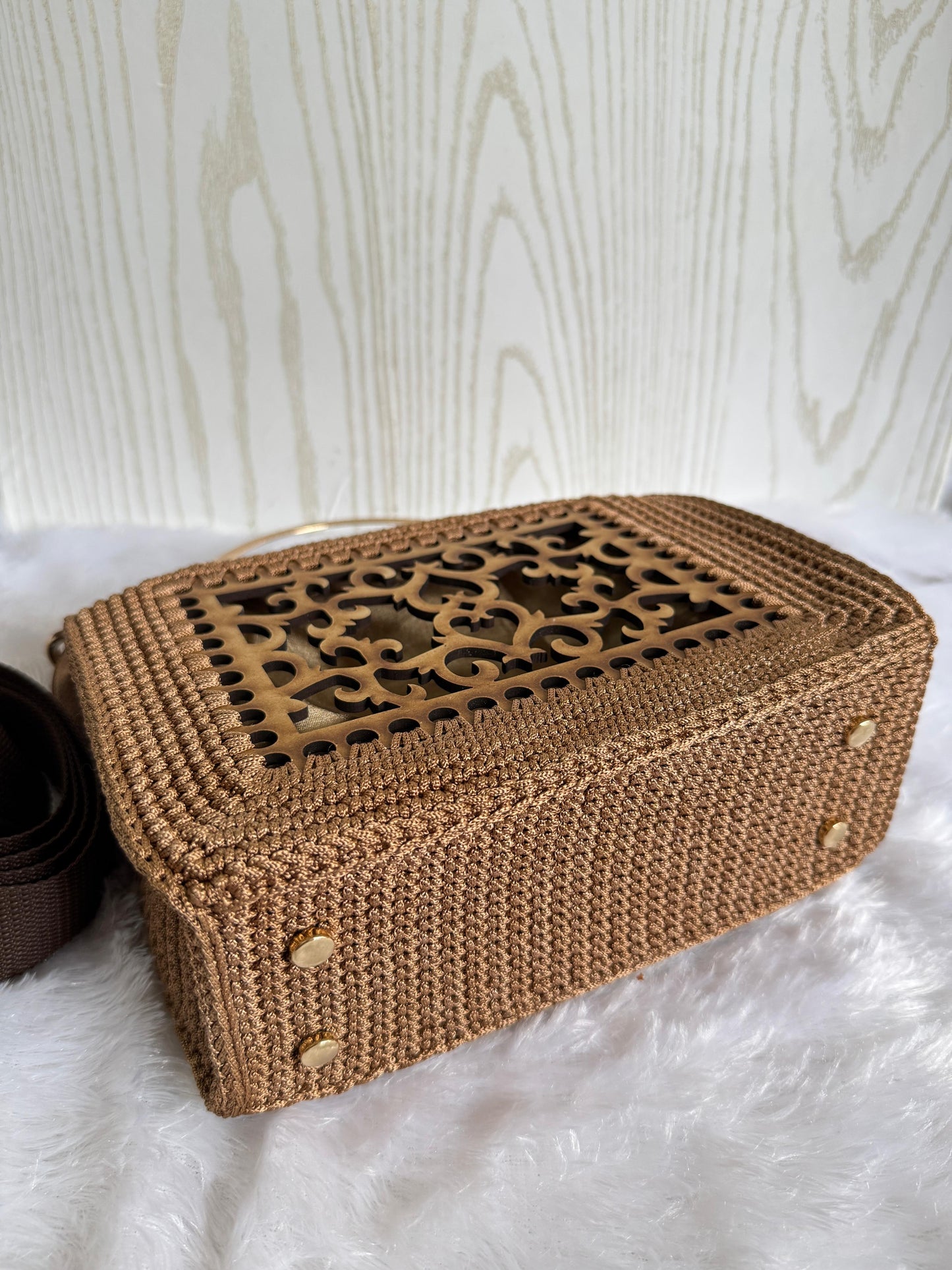 Designer Crochet Handbag with Laser-Cut Panel & Gold Handle