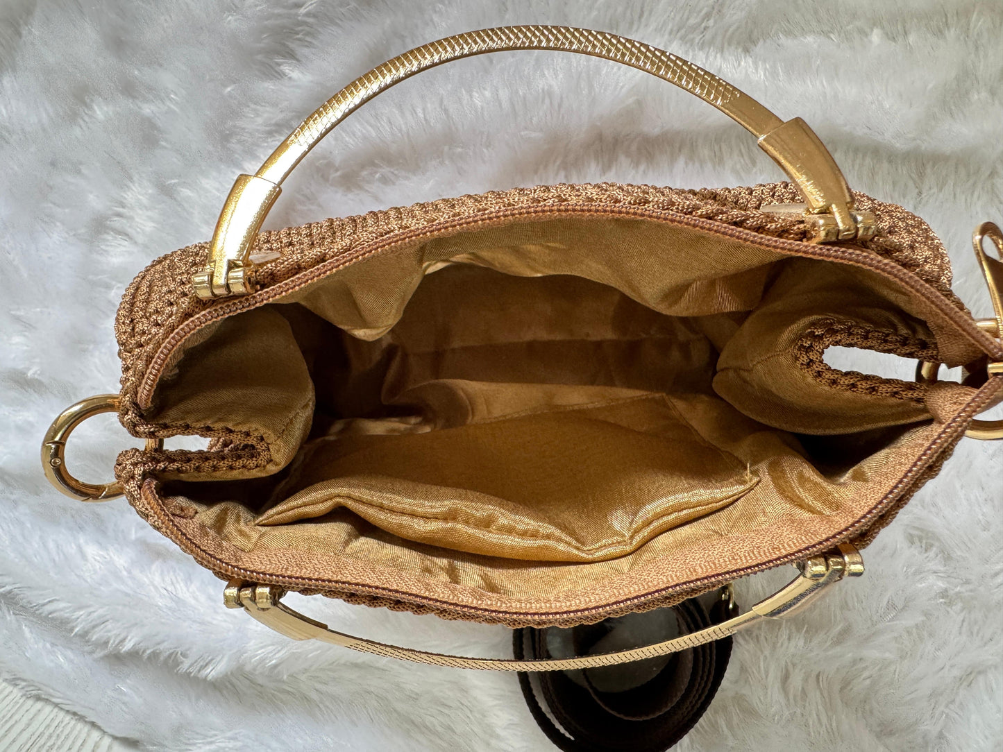 Designer Crochet Handbag with Laser-Cut Panel & Gold Handle