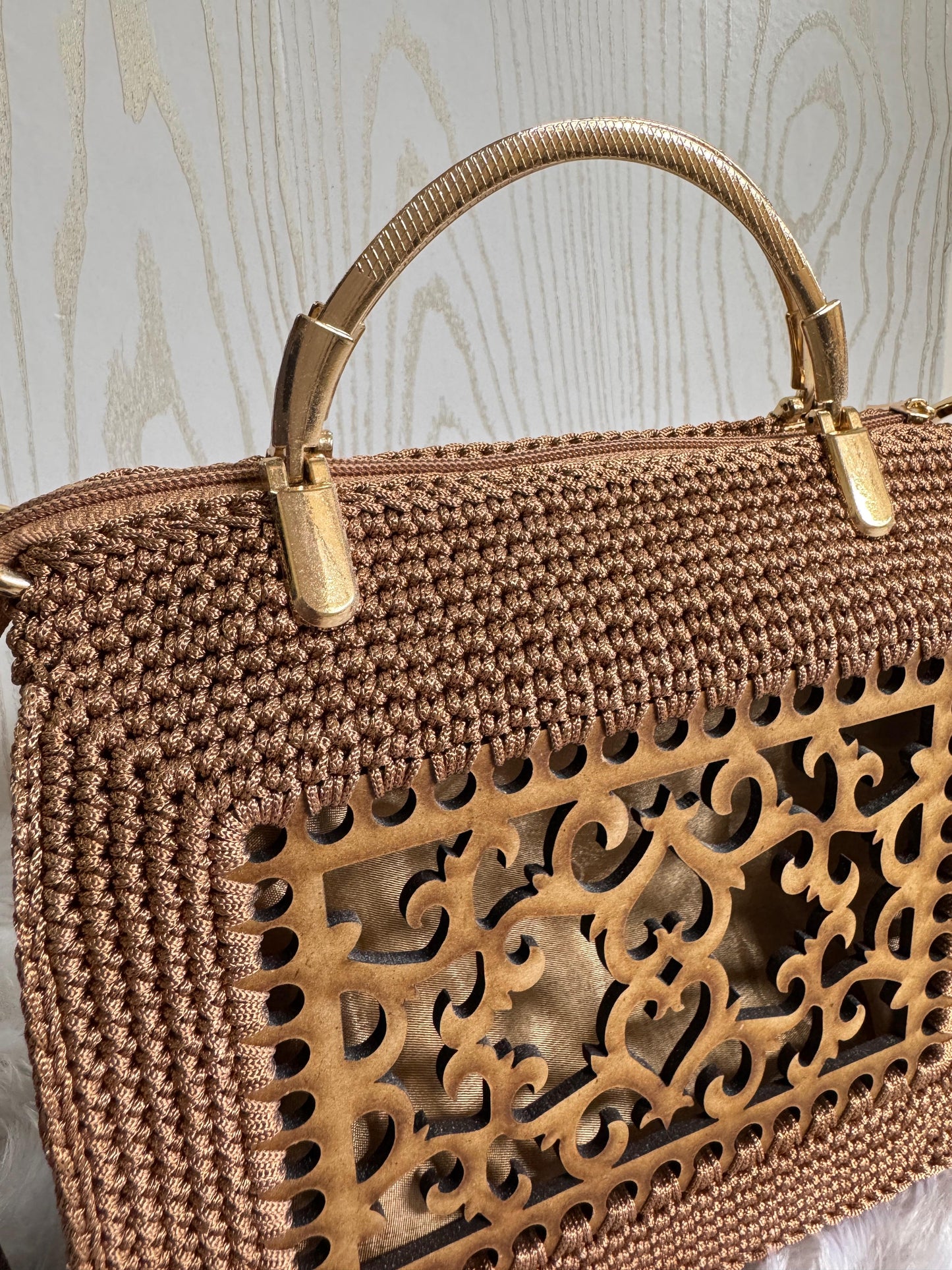 Designer Crochet Handbag with Laser-Cut Panel & Gold Handle