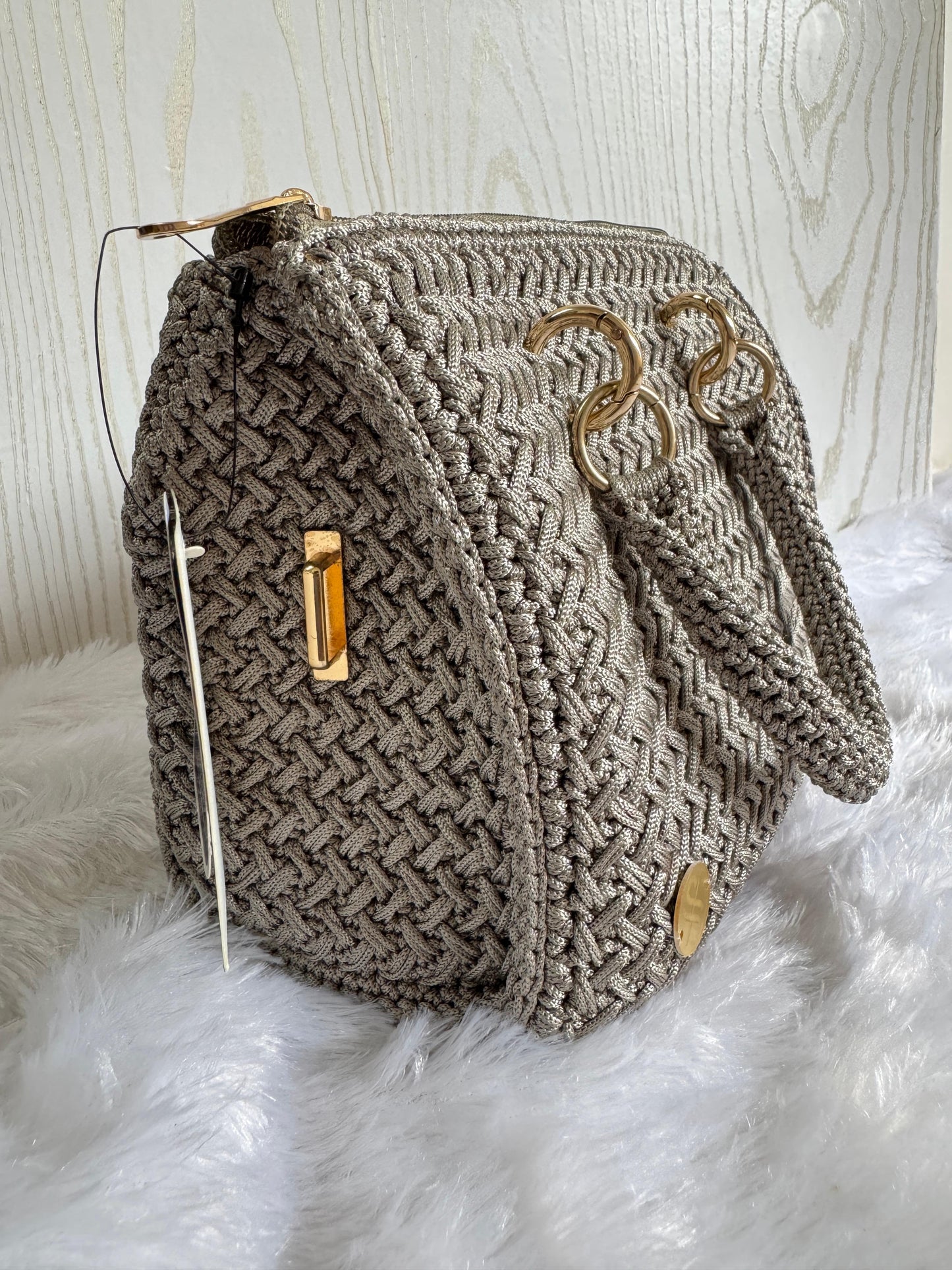 Structured Crochet Handbag with Gold Accents – Metallic Grey
