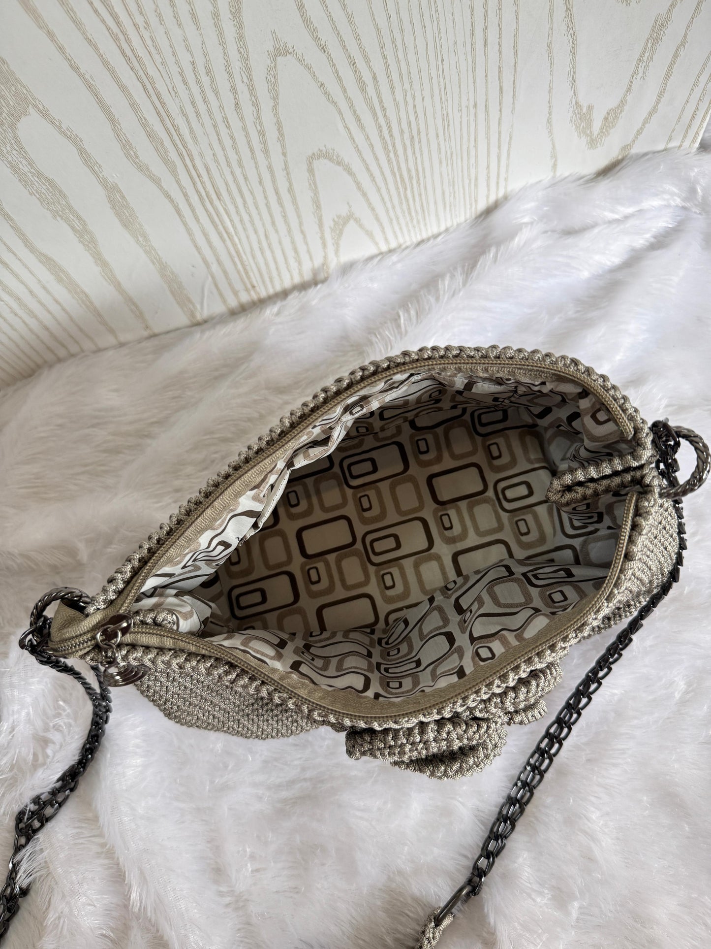 Handmade Crochet Clutch with 3D Rose & Chain Strap – Ash Grey