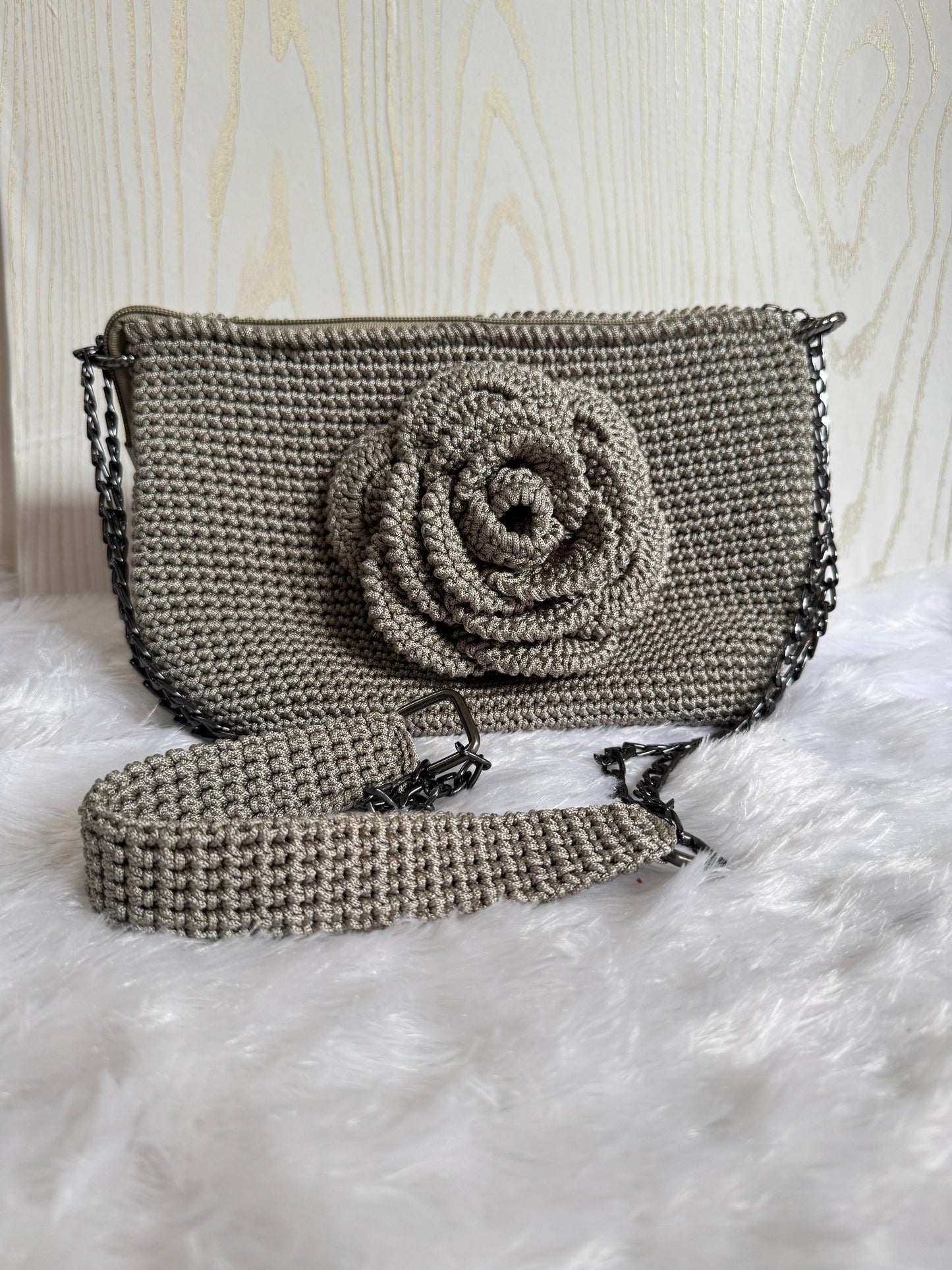 Handmade Crochet Clutch with 3D Rose & Chain Strap – Ash Grey