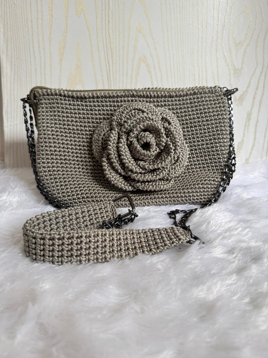 Handmade Crochet Clutch with 3D Rose & Chain Strap – Ash Grey