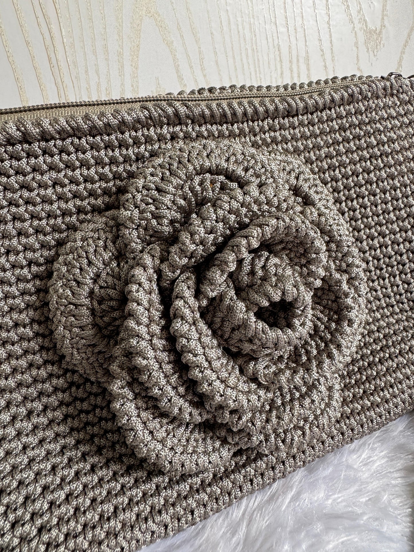 Handmade Crochet Clutch with 3D Rose & Chain Strap – Ash Grey