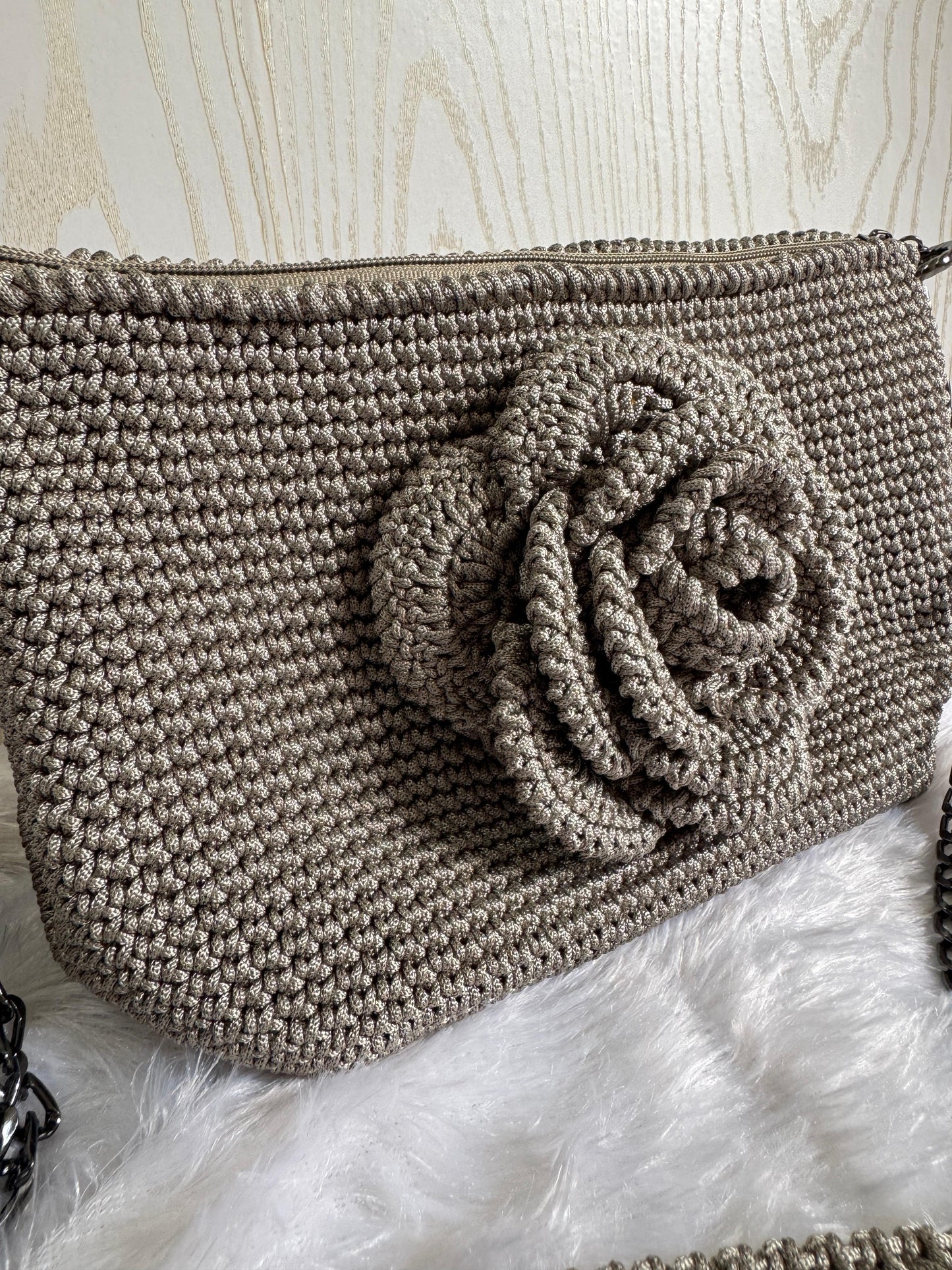 Handmade Crochet Clutch with 3D Rose & Chain Strap – Ash Grey