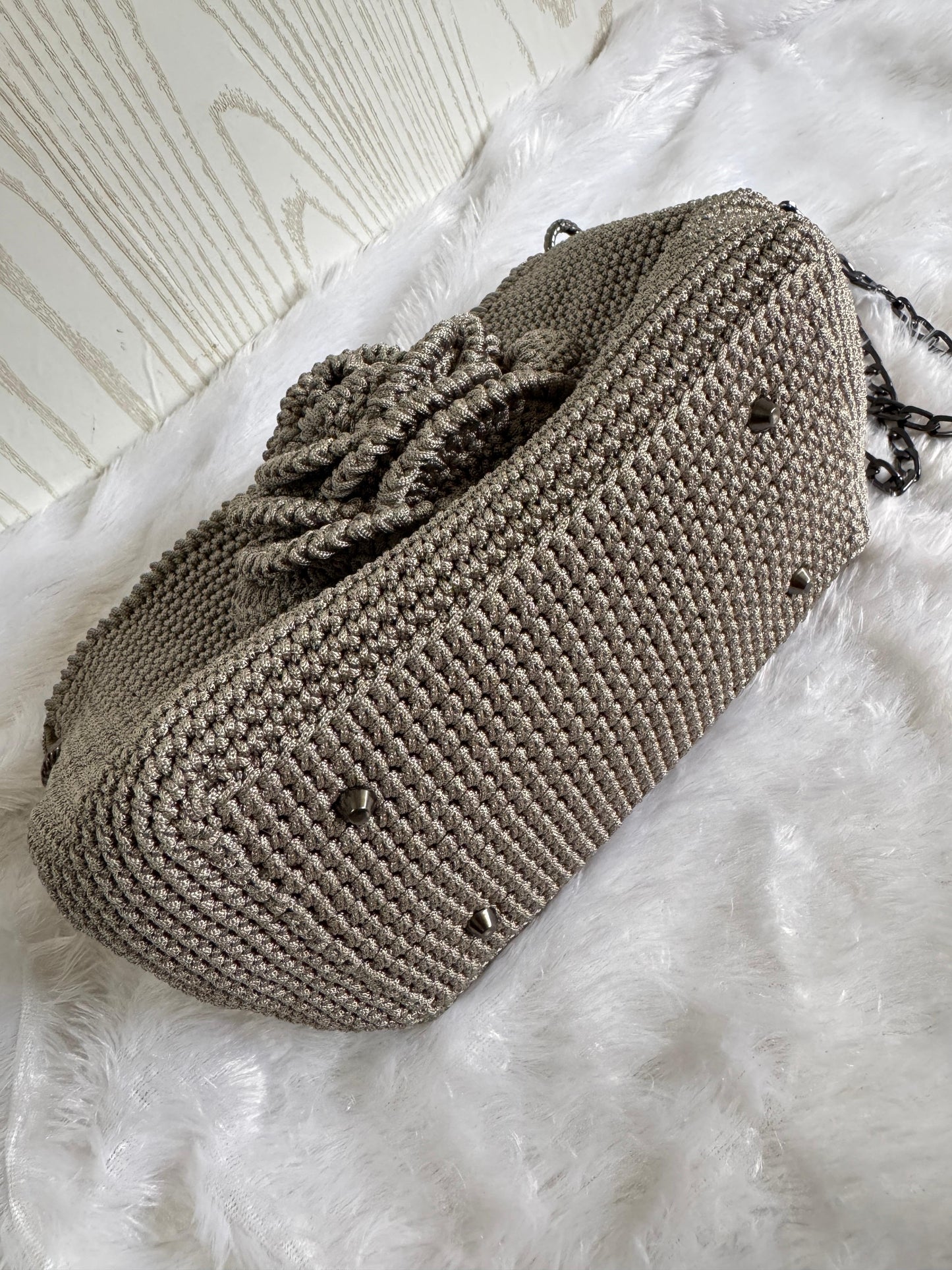 Handmade Crochet Clutch with 3D Rose & Chain Strap – Ash Grey