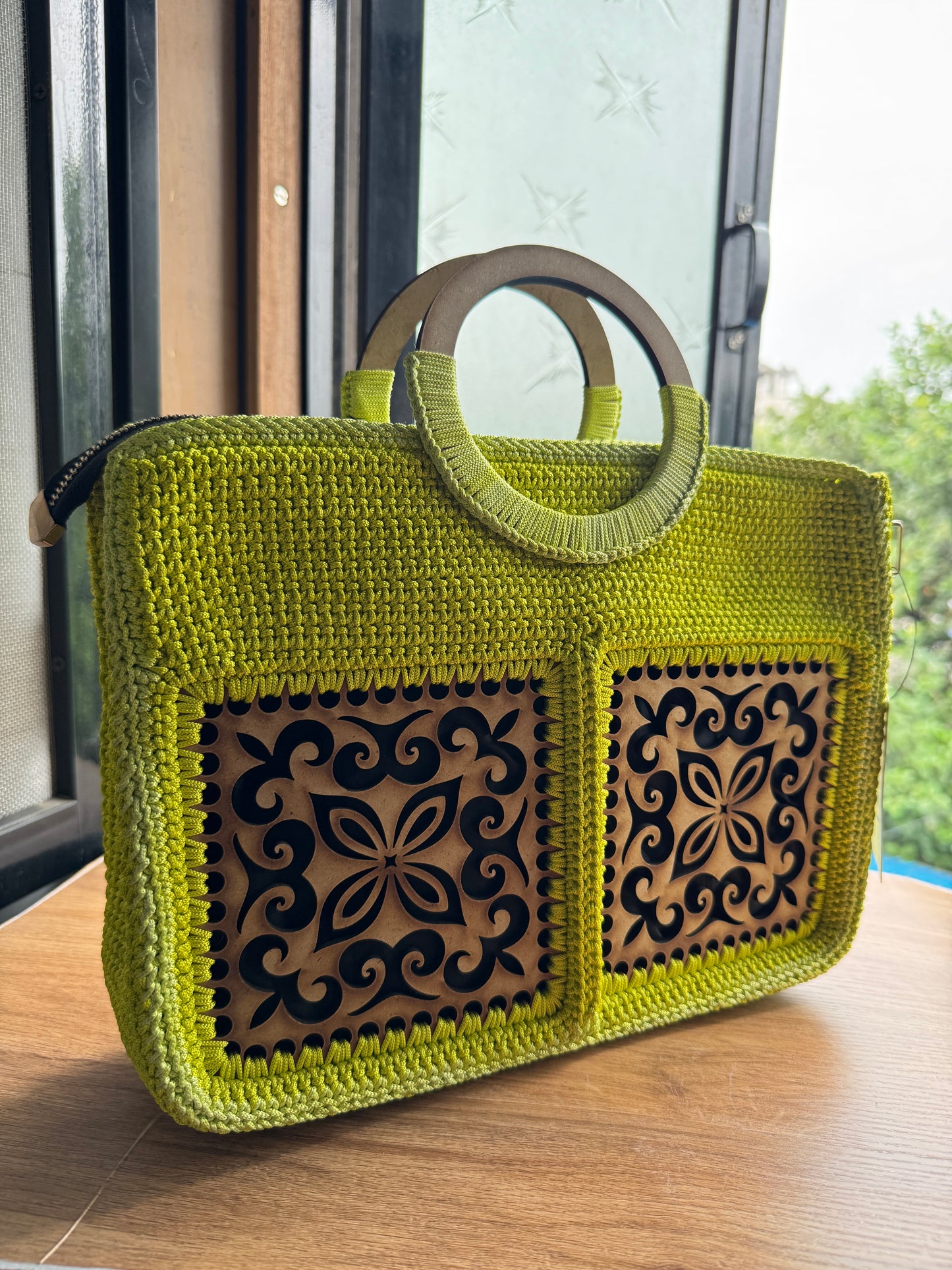 Laser-Cut Wooden Panel Crochet Handbag – Lime Green