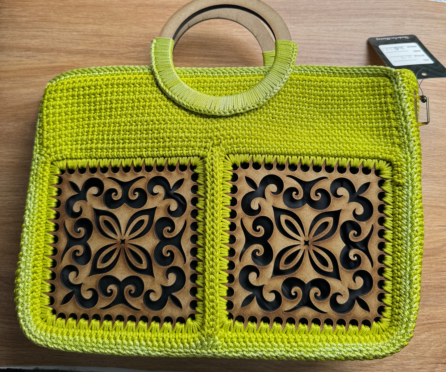 Laser-Cut Wooden Panel Crochet Handbag – Lime Green