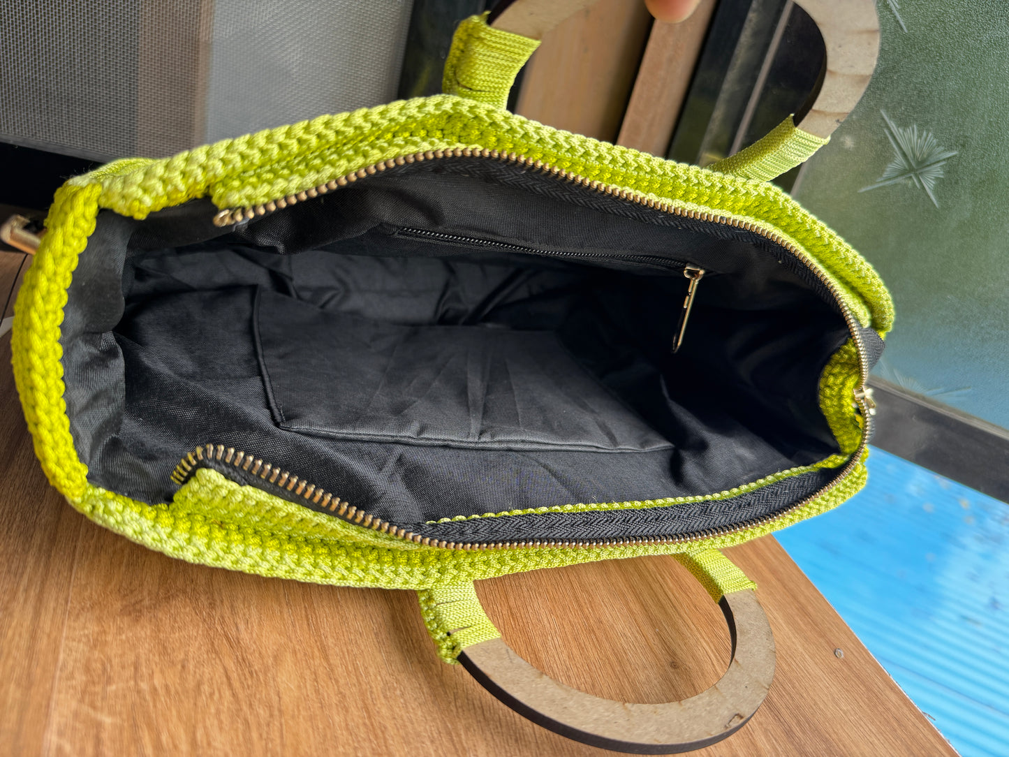 Laser-Cut Wooden Panel Crochet Handbag – Lime Green