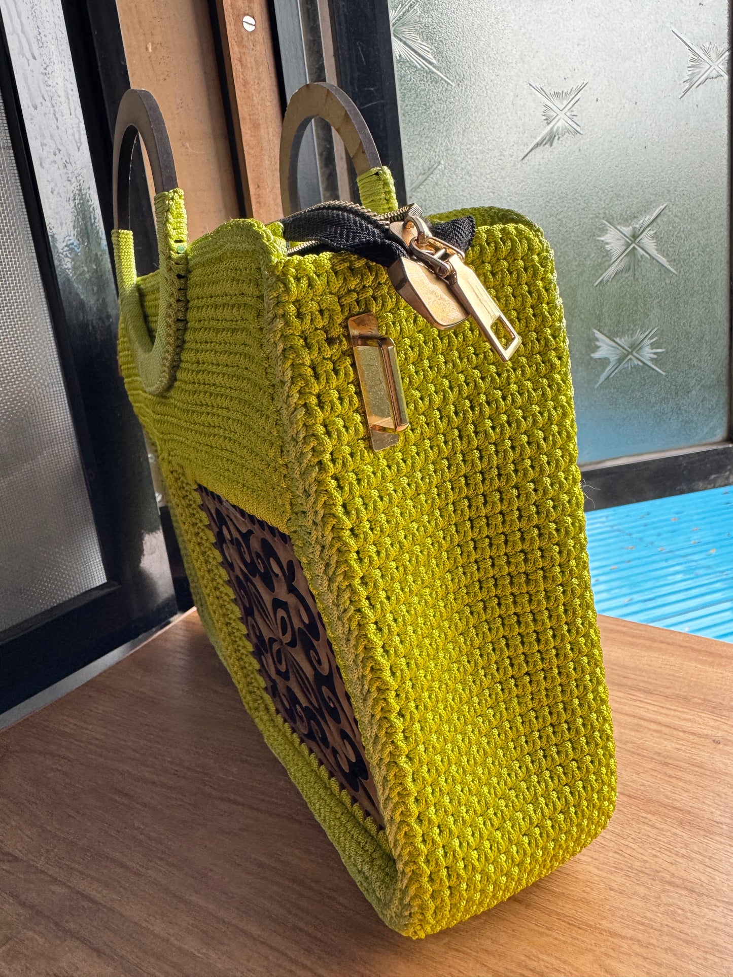 Laser-Cut Wooden Panel Crochet Handbag – Lime Green