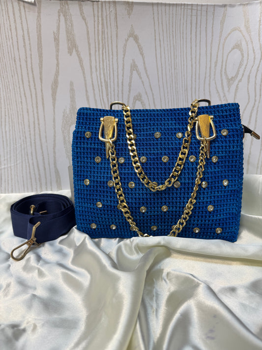 Embellished Crochet Party Bag with Gold Chain – Royal Blue