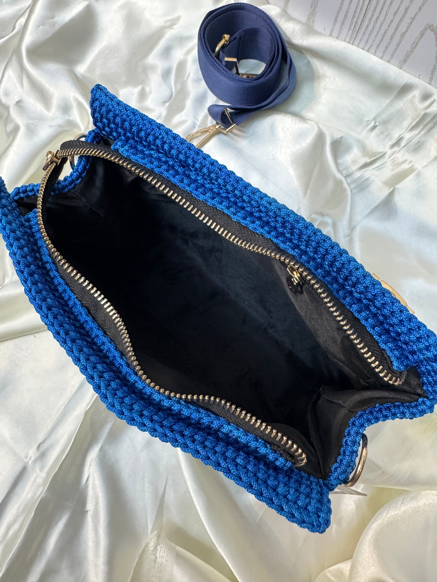 Embellished Crochet Party Bag with Gold Chain – Royal Blue