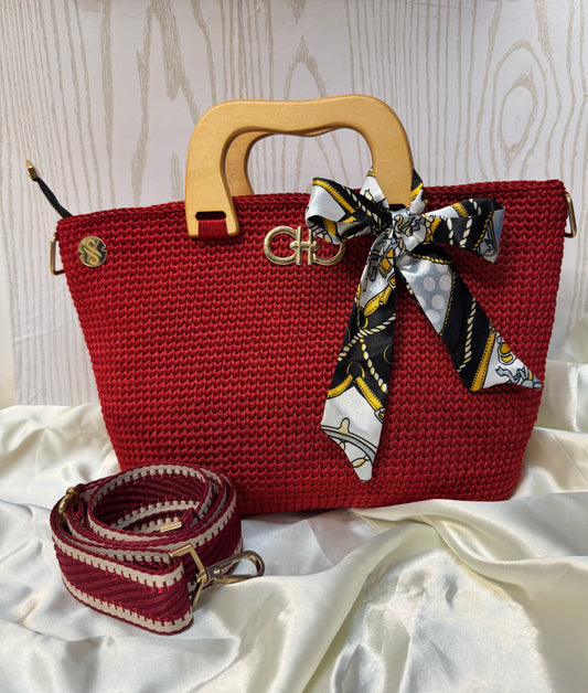 Handmade Crochet Tote Bag with Wooden Handle & Silk Bow – Ruby Red