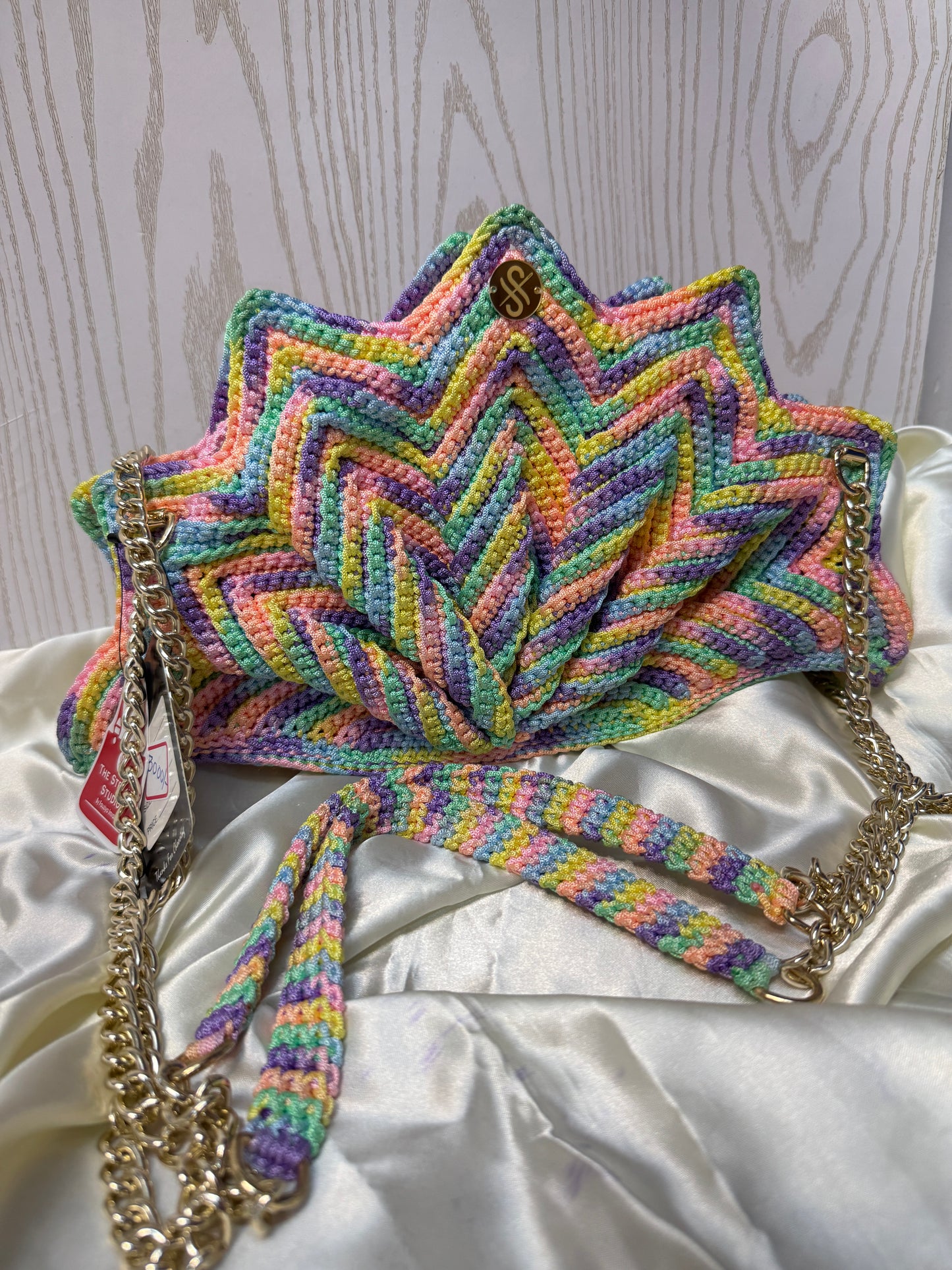 Handmade Pastel Crochet Statement Clutch – Starburst Rainbow